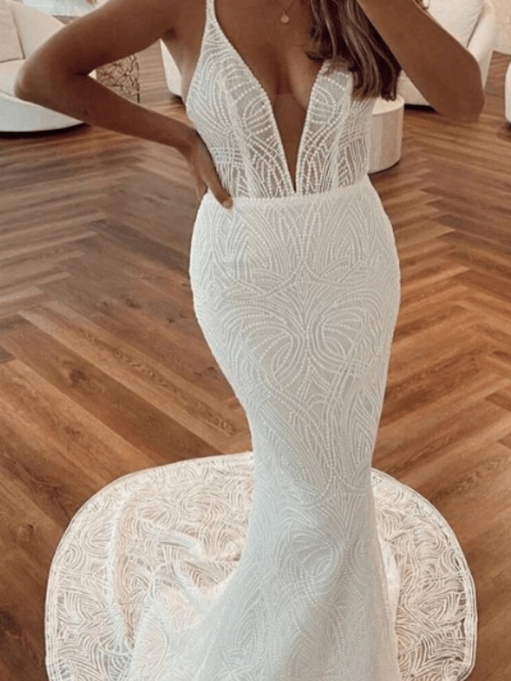 Made with Love Scottie V2 White Plunge V-Neck Fit and Flare Wedding Dress